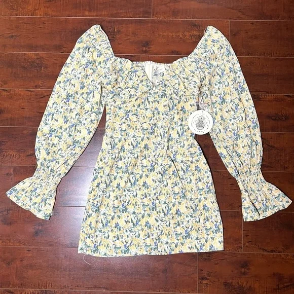 KISS THE SKY Urban Outfitters Floral Bardot Mini Dress Boho Size Small NWT - Picture 5 of 15